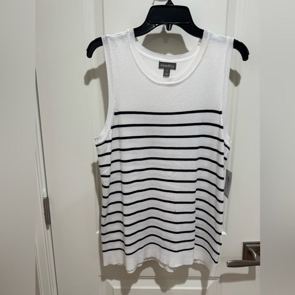 White and Black Style &Co Striped Knit Tank Top NWT
